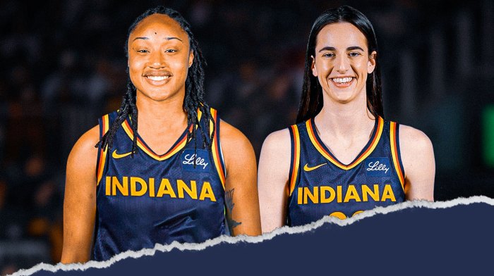 Jaelyn Brown in a Fever jersey looking hyped, with Caitlin Clark next to her