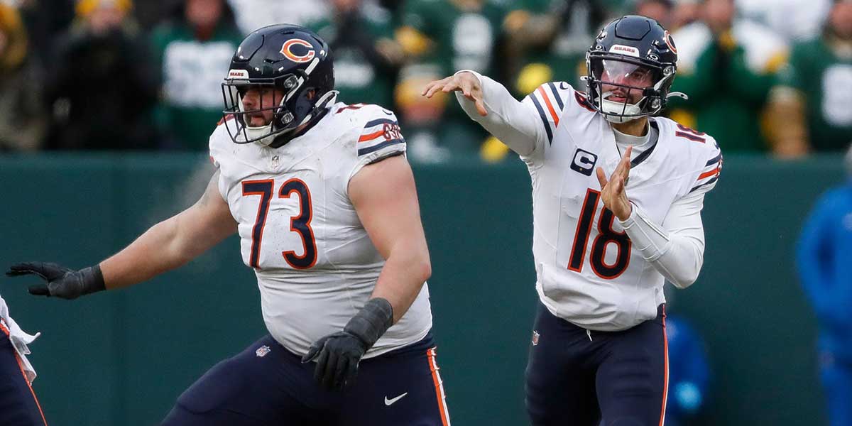 Chicago Bears quarterback Caleb Williams (18) passes the ball against the Green Bay Packers on Sunday, January 5, 2025, at Lambeau Field in Green Bay, Wis. The Bears won the game, 24-22, on a 51-yard field goal as time expired. 