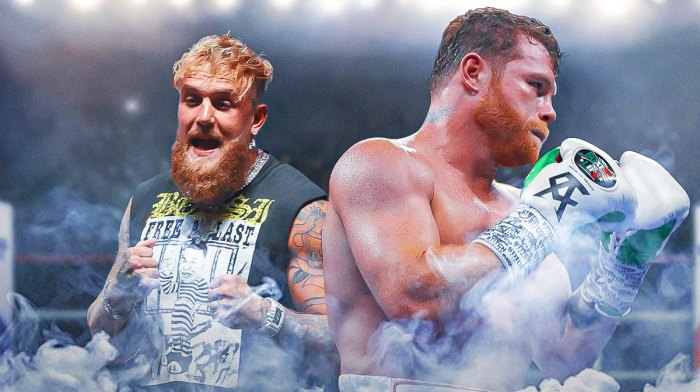 Canelo Alvarez with Riyadh Season logo and Jake Paul in background looking upset