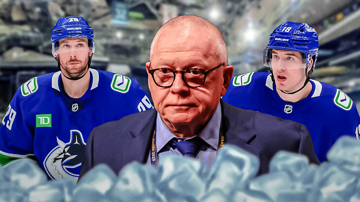 New Canucks forwards Marcus Pettersson and Drew O'Connor, with Jim Rutherford in the middle