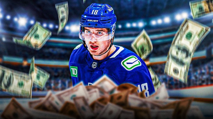 Drew O'Connor (in a Vancouver Canucks jersey if he isn't already) with a bunch of money falling around him