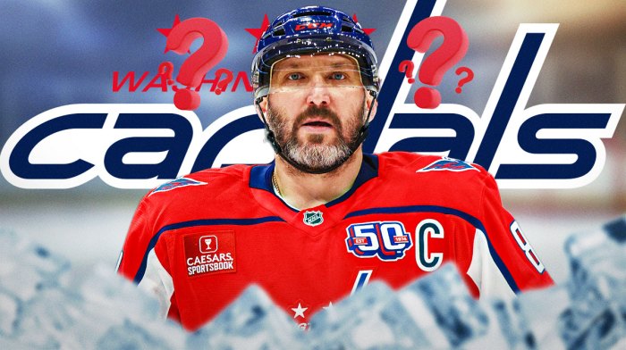 Alex Ovechkin looking happy with fire around him, 3-5 question marks, Washington Capitals logo in background, hockey rink in background