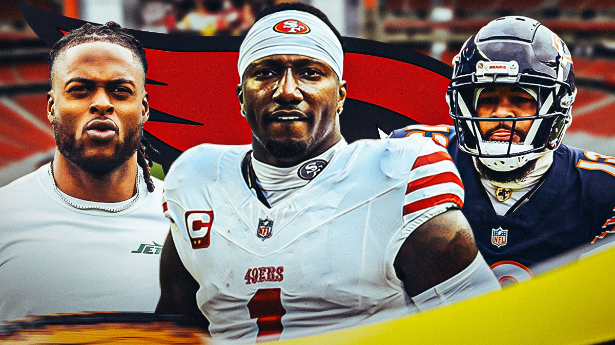 Davante Adams, Deebo Samuel and Keenan Allen all in the picture with a Cardinals logo and the Cardinals home arena in the background.