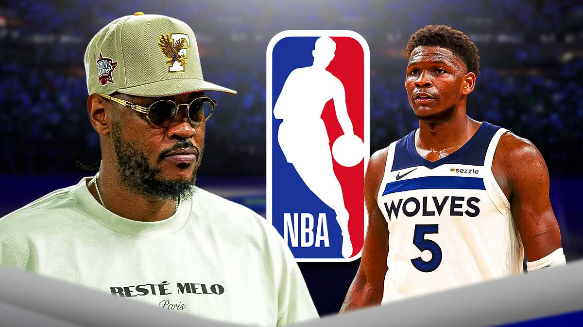 Timberwolves All-Star Anthony Edwards next to Carmelo Anthony in street clothes with the NBA logo in the background