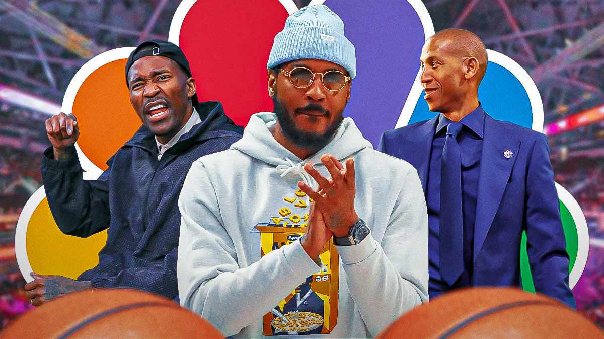 Carmelo Anthony, Reggie Miller and Jamal Crawford all in front of the NBA on NBC logo