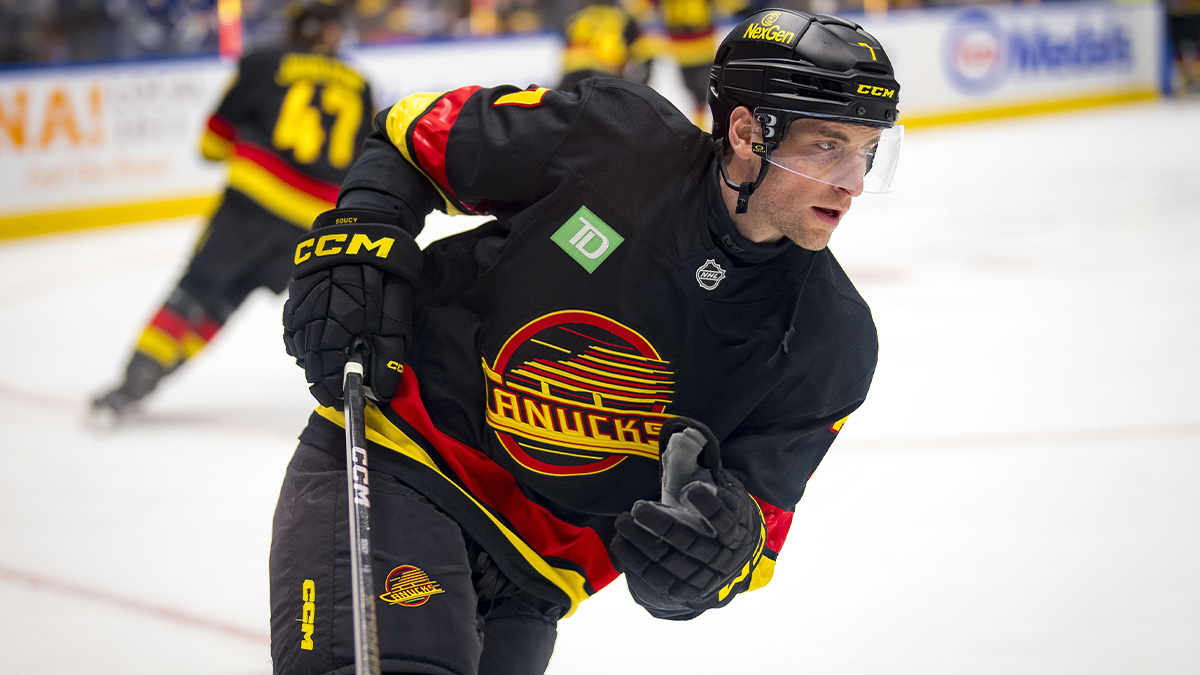 Vancouver Canucks Defenseman Carson Souci (7) Skates during the warming before playing Seattle Kraken in Rogers Arena.