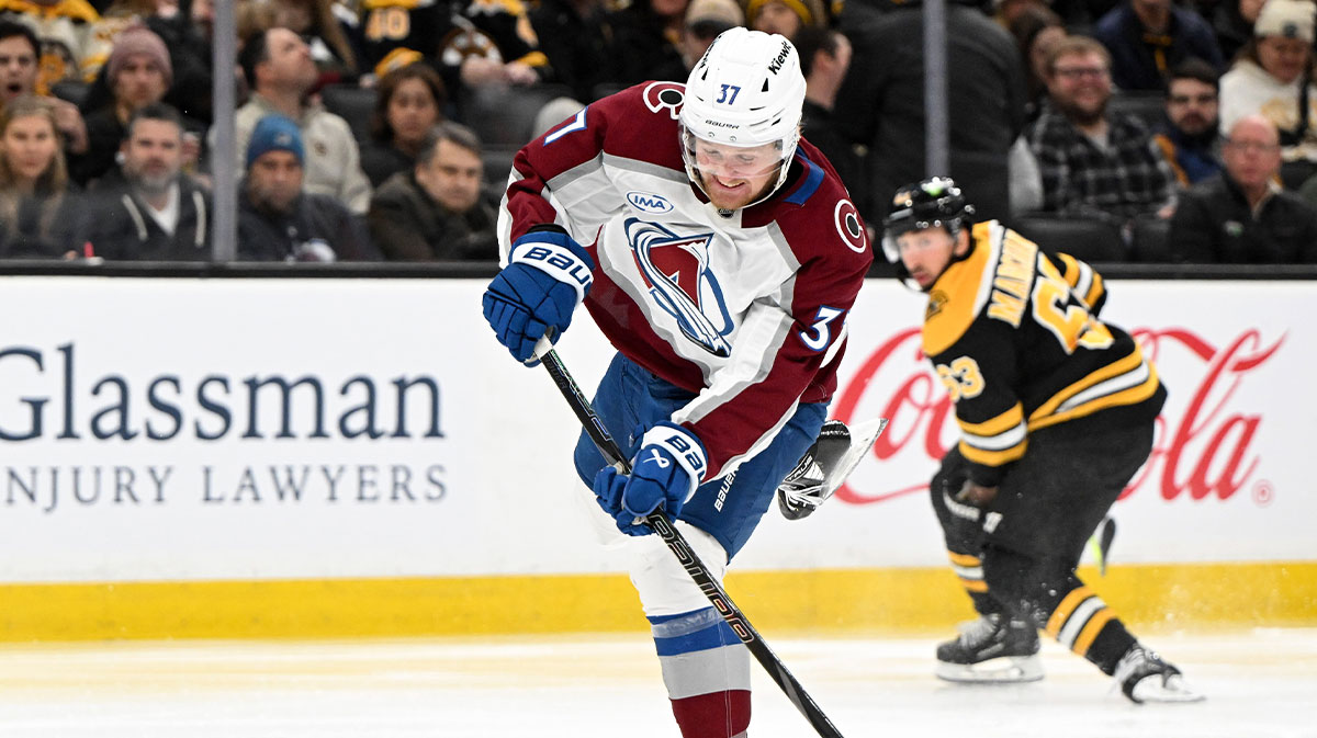 Colorado Avalanche center Casey Mittelstadt (37) takes a shot against the Boston Bruins during the second period at the TD Garden.