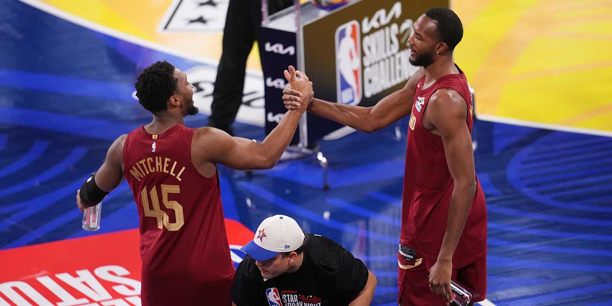 15. February 2025; San Francisco, CA, USA; Team Cavs Guard Donovan Mitchell (45) and center Evan Moblei (4) Cleveland Cavaliers Slave After winning the challenge of skills during all stars Saturday night in front of 2025 NBA All Star Games in Chase Center. Mandatory Credit: Cari Edmondson-IMMN Pictures