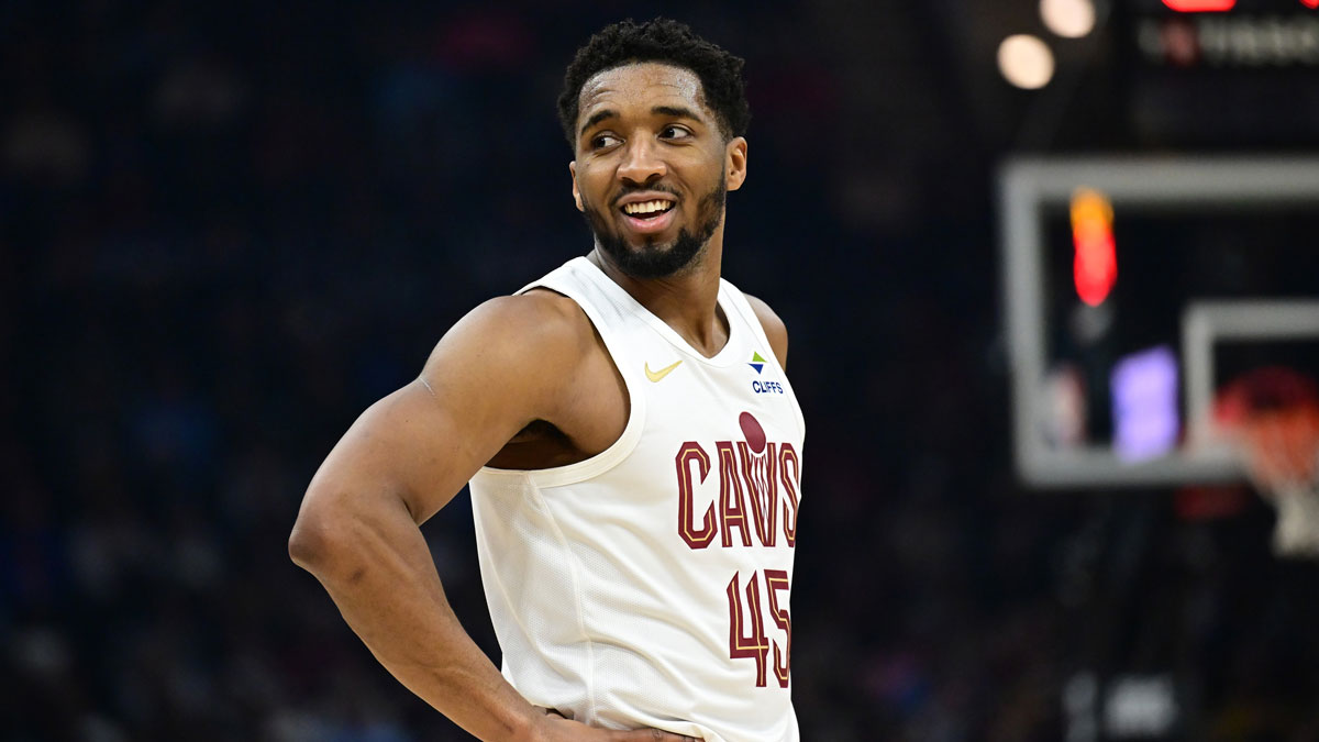 Feb 2, 2025; Cleveland, Ohio, USA; Cleveland Cavaliers guard Donovan Mitchell (45) reacts during the first half against the Dallas Mavericks at Rocket Mortgage FieldHouse. Mandatory Credit: Ken Blaze-Imagn Images