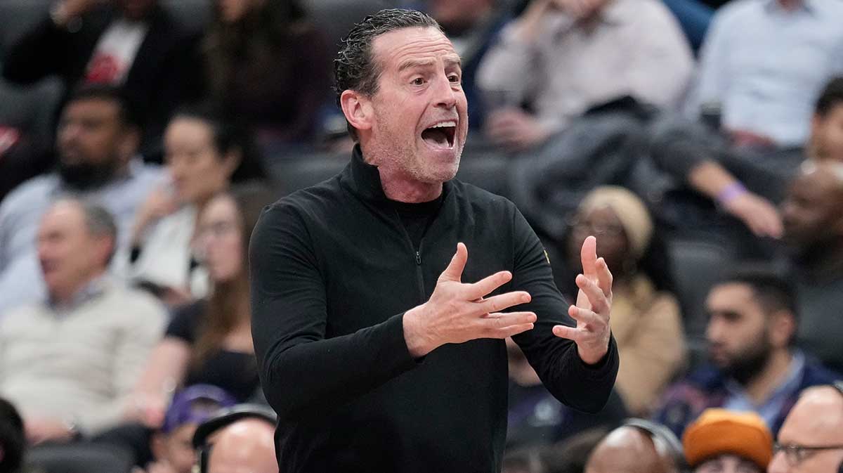 Cleveland Cavaliers head coach Johnnie Bryant reacts to a play against the Toronto Raptors during the second half at Scotiabank Arena.