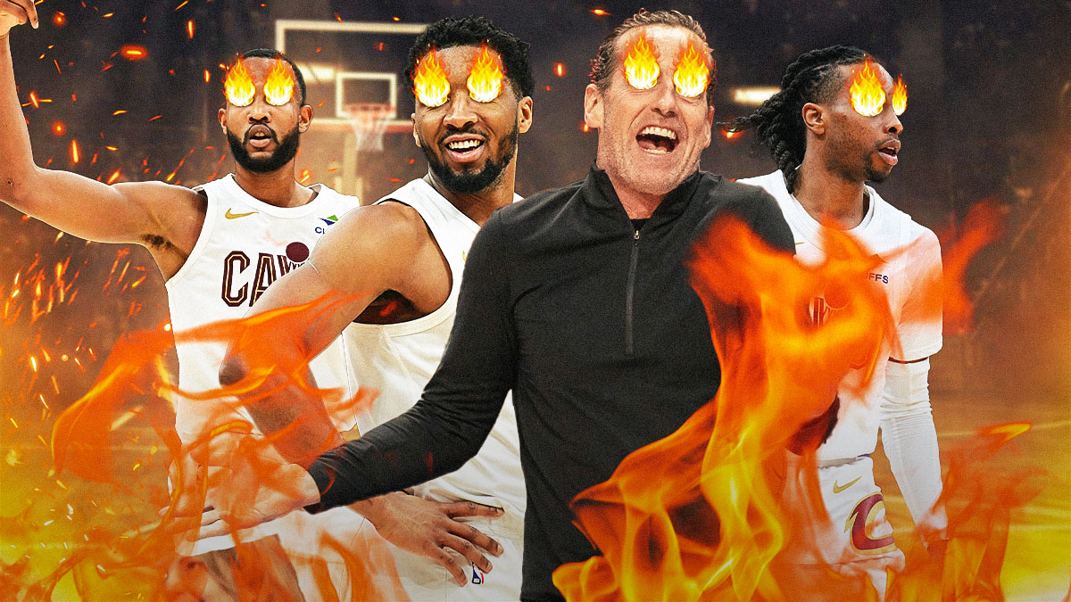 Donovan Mitchell, Evan Mobley, Darius Garland, and Kenny Atkinson (all with fire in their eyes) featuring a Cavs-NBA All-Star 2025-themed BG.