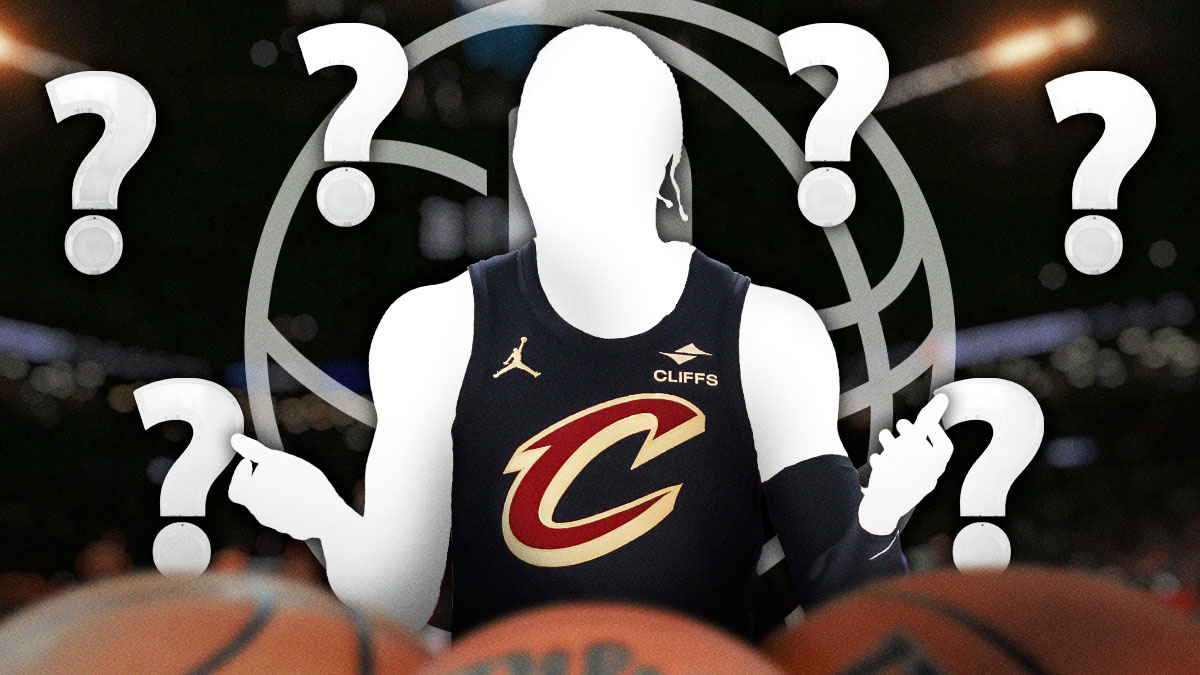 A silhouetted Cavs player featuring a Cavs-Nets themed BG surrounded by question marks.