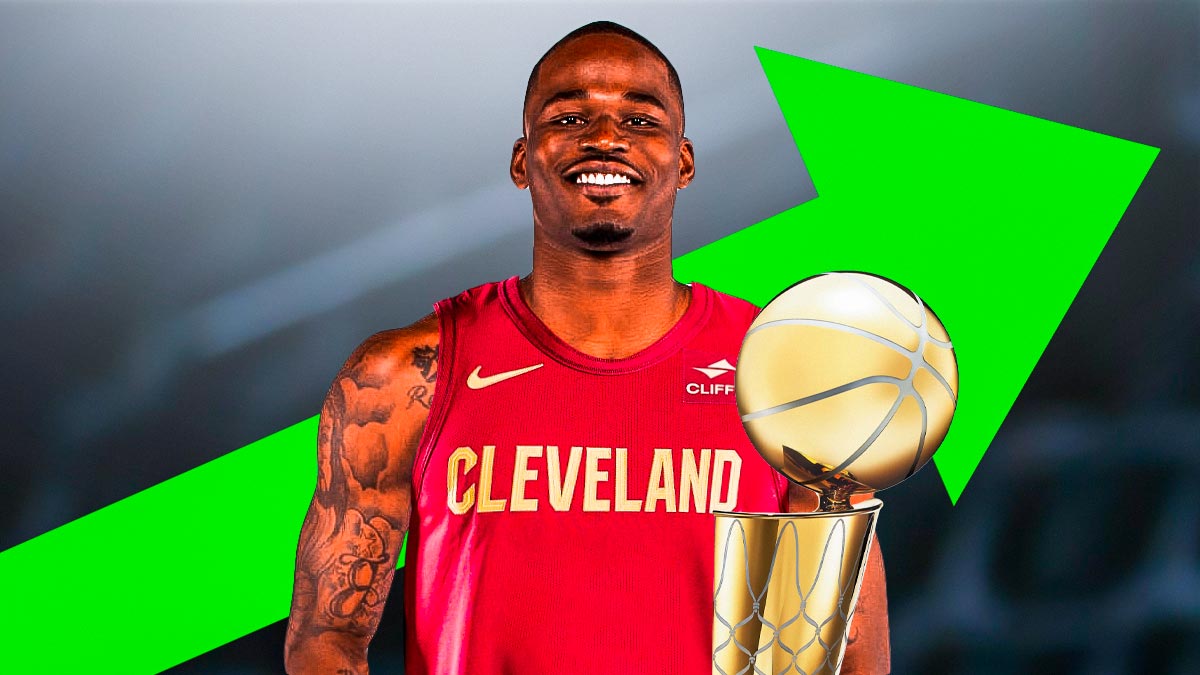 Javonte Green in a Cavs uniform with a level-up arrow and Larry O'Brien Trophy next to him featuring a Cavs-themed BG.