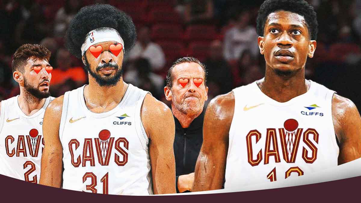 Ty Jerome, Jarrett Allen, Kenny Atkinson (all with hearts in their eyes) all looking at De'Andre Hunter (in a Cavs uniform).