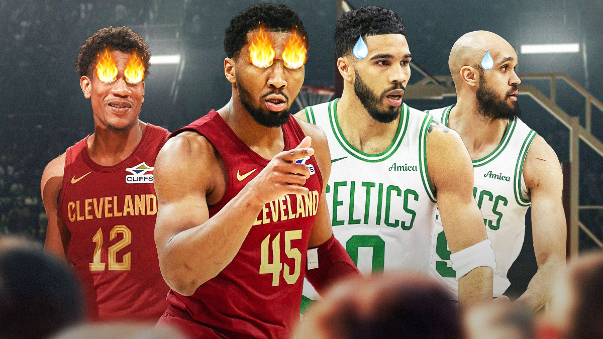 Donovan Mitchell and De'Andre Hunter (with fire in their eyes) looking at a scared Jayson Tatum and Derrick White (featuring a nervous sweat mark like this emoji: 😰).