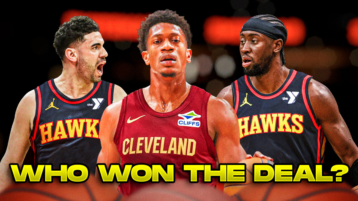 Georges Niang on the left, in a Hawks jersey, De'Andre Hunter in the middle, in a Cavs jersey, Caris LeVert on the right in a Hawks jersey with text at the bottom of the image saying, "WHO WON THE DEAL?"