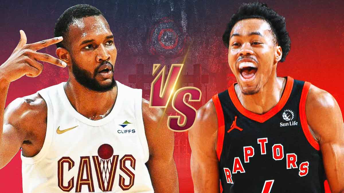 Evan Mobley and Scottie Barnes with a fighting video game "VERSUS" in between them featuring a Cavs-raptors-themed BG.