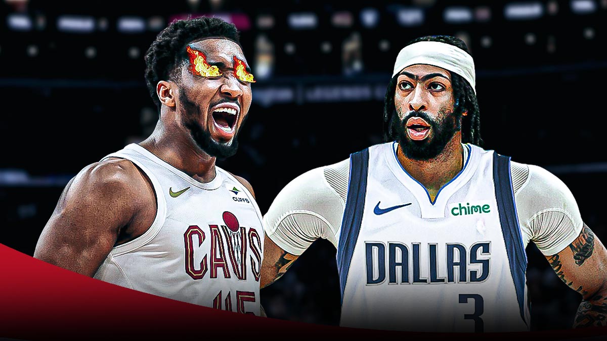 Donovan Mitchell (with fire in his eyes) next to Anthony Davis (who has a sweat drop on the side of his head while wearing a Mavericks uniform) while Luka Doncic is in the background looking down on them.
