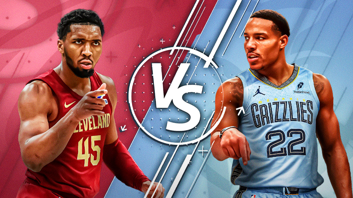Donovan Mitchell on the left, Desmond Bane on the right with a fighting game versus in between them that features a Cavs-Grizzlies colored background (Wine behind Mitchell, Beale Street blue behind Bane).
