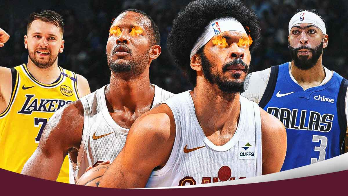 Jarrett Allen, Evan Mobley (with fire in their eyes) next to Luka Doncic (in a Lakers jersey) and Anthony Davis (in a Mavs jersey) featuring a Cavs-themed BG.