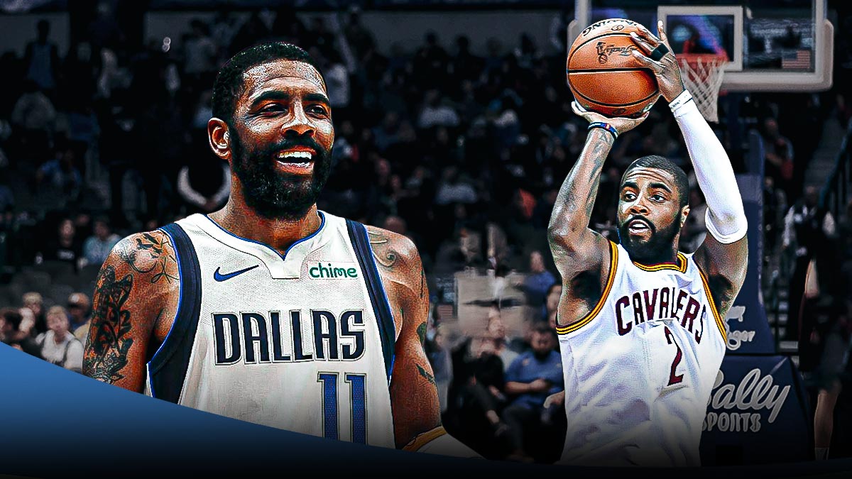 Kyrie Irving in a Cavaliers jersey, shooting a side-step three, and Kyrie Irving in a Mavericks jersey smiling.