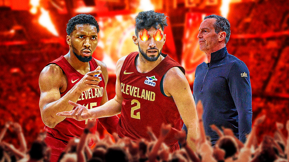 Donovan Mitchell (on the left), Kenny Atkinson (on the right), with Ty Jerome (with fire in his eyes) in the middle featuring a Cavs-themed BG.