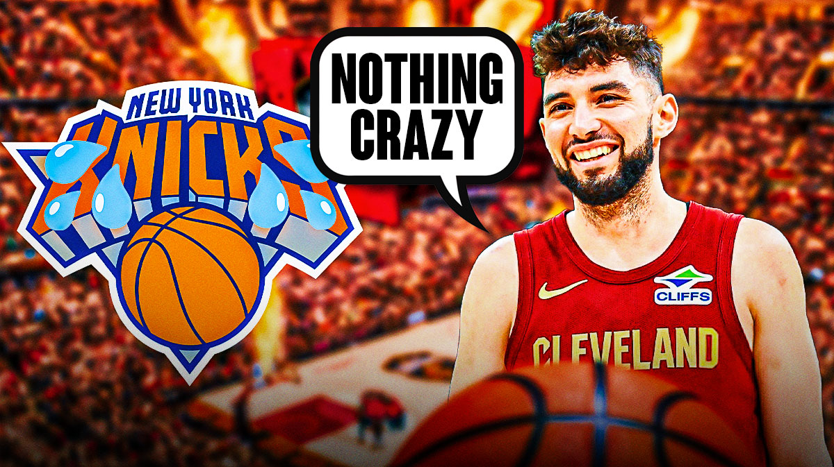 Cavs guard Ty Jerome with a thought bubble that says "Nothing crazy" with the New York Knicks logo beside him with a tear drop going down the logo.