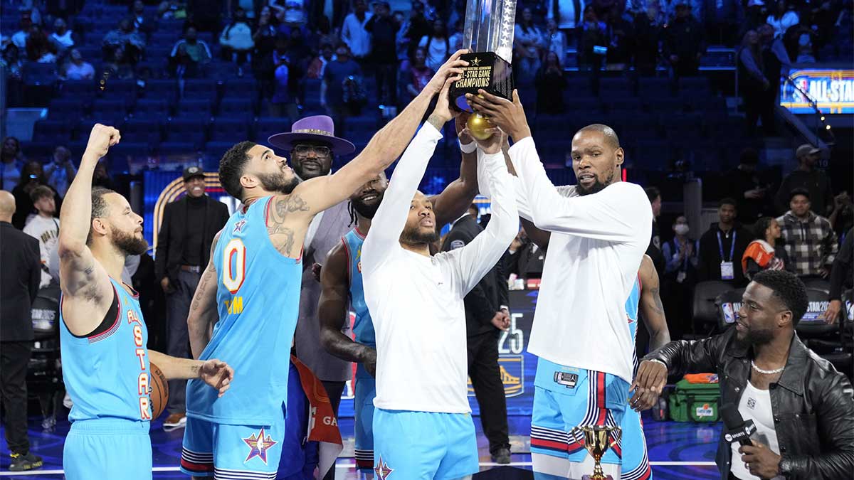 Shaq’s OGs guard Stephen Curry (30) of the Golden State Warriors and forward Jayson Tatum (0) of the Boston Celtics and guard Damian Lillard (0) of the Milwaukee Bucks and forward Kevin Durant (35) of the Sacramento Kings celebrate with the trophy after defeating Chuck’s Global Stars during the 2025 NBA All Star Game at Chase Center