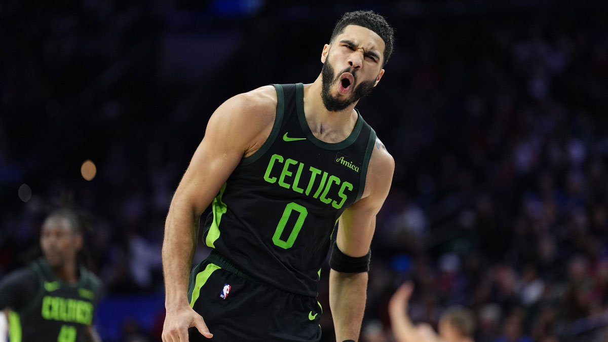 Boston Celtics forward Jayson Tatum (0) reacts after scoring against the Philadelphia 76ers in the fourth quarter at Wells Fargo Center.