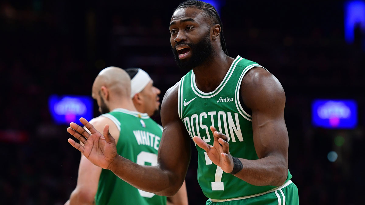 Boston Celtics guard Jaylen Brown (7) reacts after a call during the first half against the New York Knicks at TD Garden.