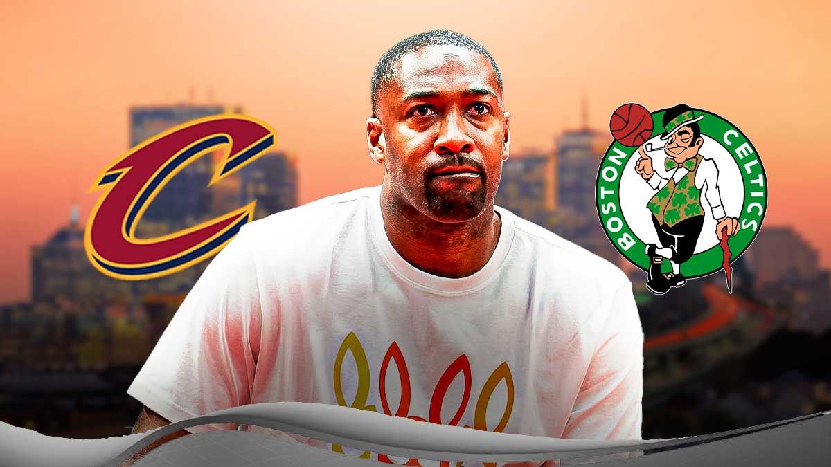 NBA analyst Gilbert Arenas (in street clothes) on the Bucks next to the Celtics and Cavs logos with the Boston skyline in the background