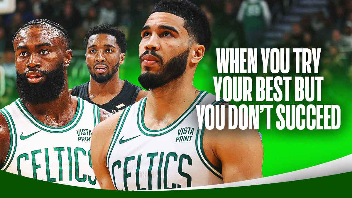 Celtics' Jayson Tatum and Jaylen Brown looking sad, Cavs' Donovan Mitchell smiling beside them, caption below: WHEN YOU TRY YOUR BEST BUT YOU DON'T SUCCEED