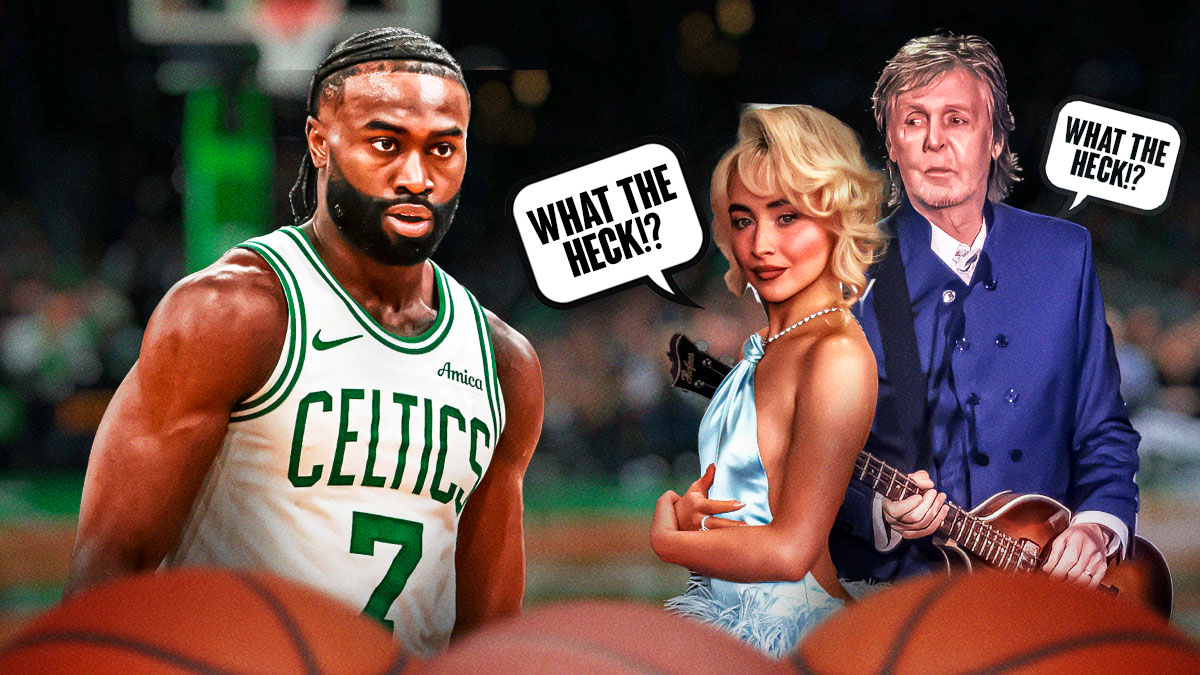 Jaylen Brown on one side, Sabrina Carpenter and Paul McCartney on the other side with a speech bubble that says "What the heck!?"