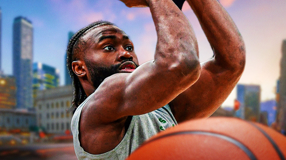 Jaylen Brown looking serious on a Toronto city background