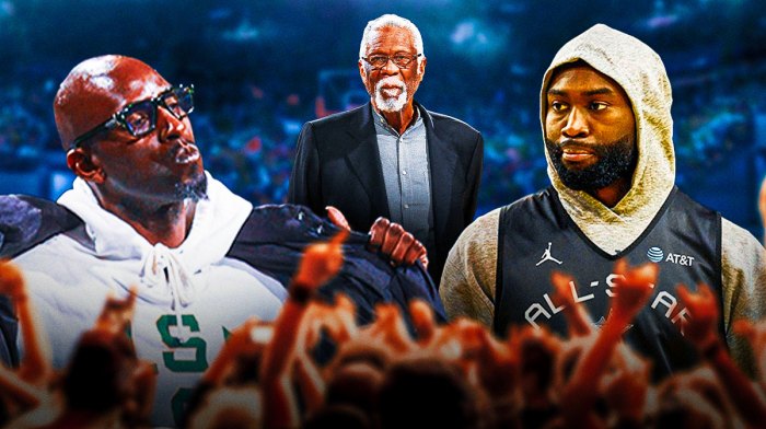Celtics All-Star Jaylen Brown next to Hall of Fame forward Kevin Garnett in a USF hoodie from the 2025 Dunk Contest with the late Bill Russell in the background