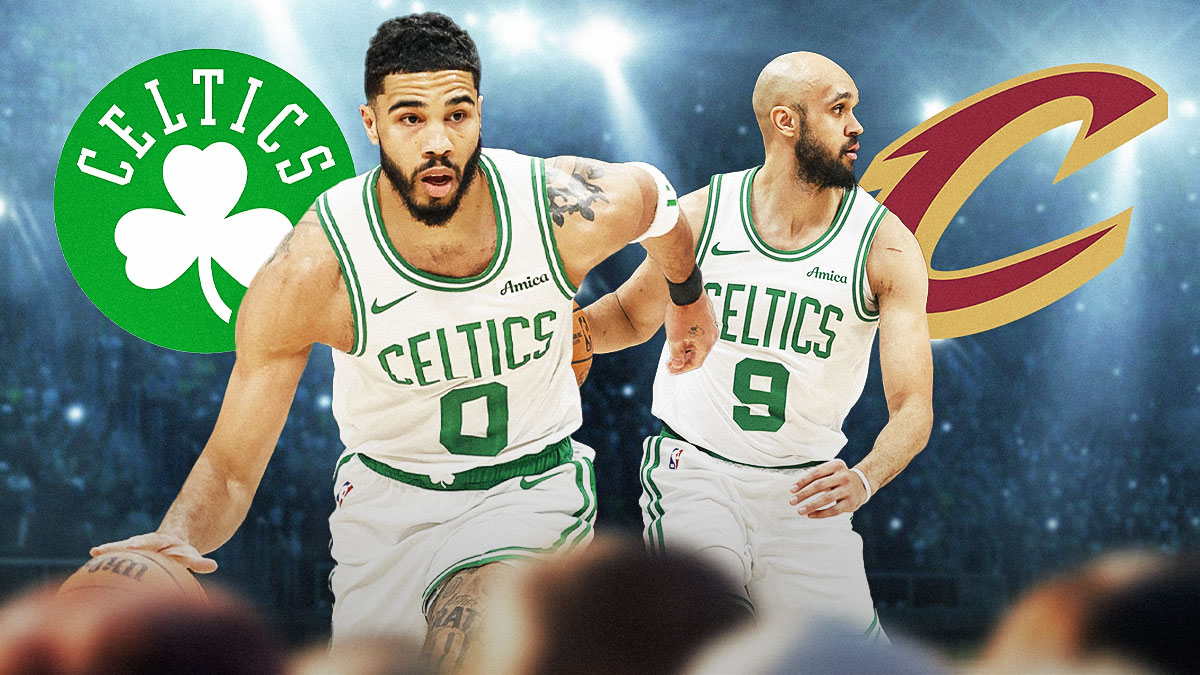 Jayson Tatum, Derrick White, Celtics and Cavaliers logos, fire symbols