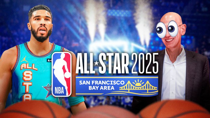 The 2025 NBA All-Star Game logo in the middle, Jayson Tatum on one side, Adam Silver on the other side with the big eyes emoji over his face