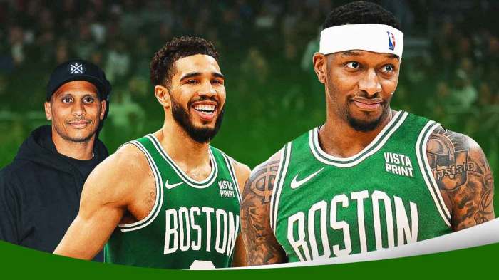 Celtics' Joe Mazzulla and Jayson Tatum smiling at Torrey Craig (in Boston uniform)