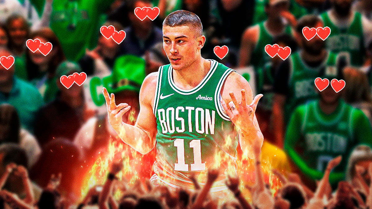 Payton Pritchard on one side on fire, a bunch of Boston Celtics fans on the other side with hearts in their eyes