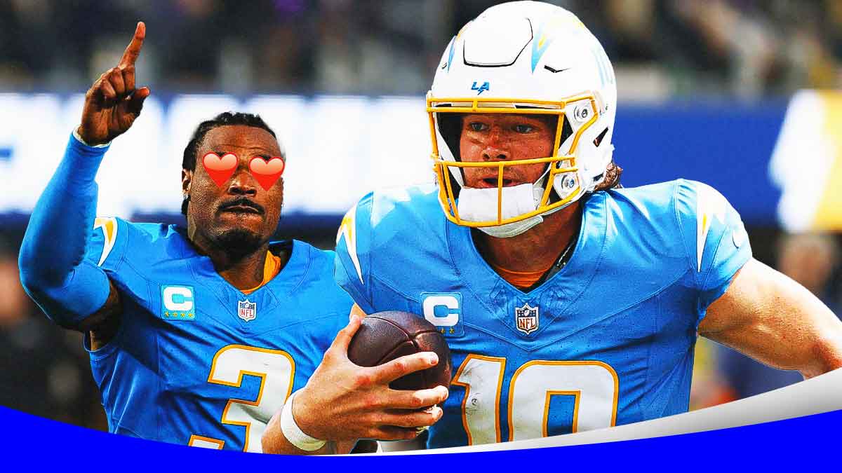 Derwin James in a Los Angeles Chargers uniform with hearts in his eyes looking at Justin Herbert in a Los Angeles Chargers uniform.