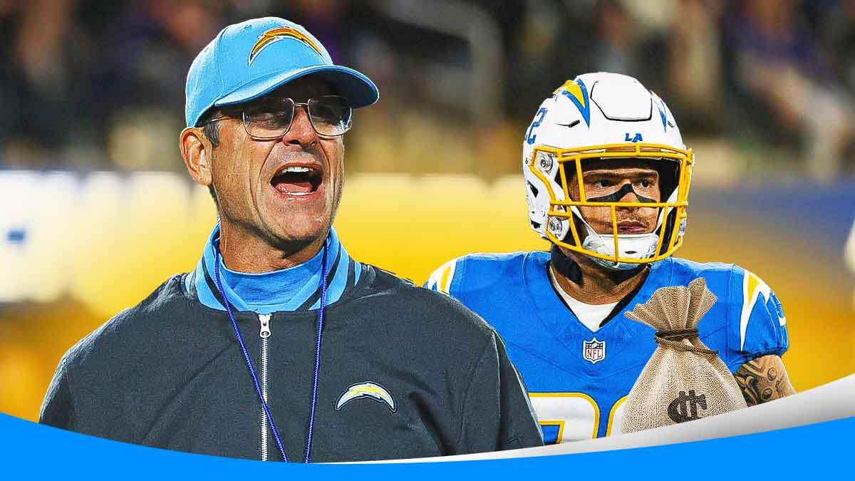 LA Chargers coach Jim Harbaugh and Elijah Molden in a Los Angeles Chargers uniform with a bag of money as Molden is retained in free agency.