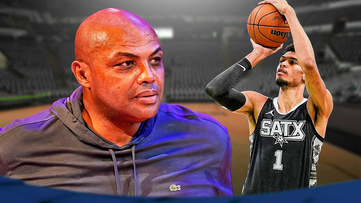 Spurs Victor Wembanyama shooting a basketball on right. Charles Barkley looking serious on left.