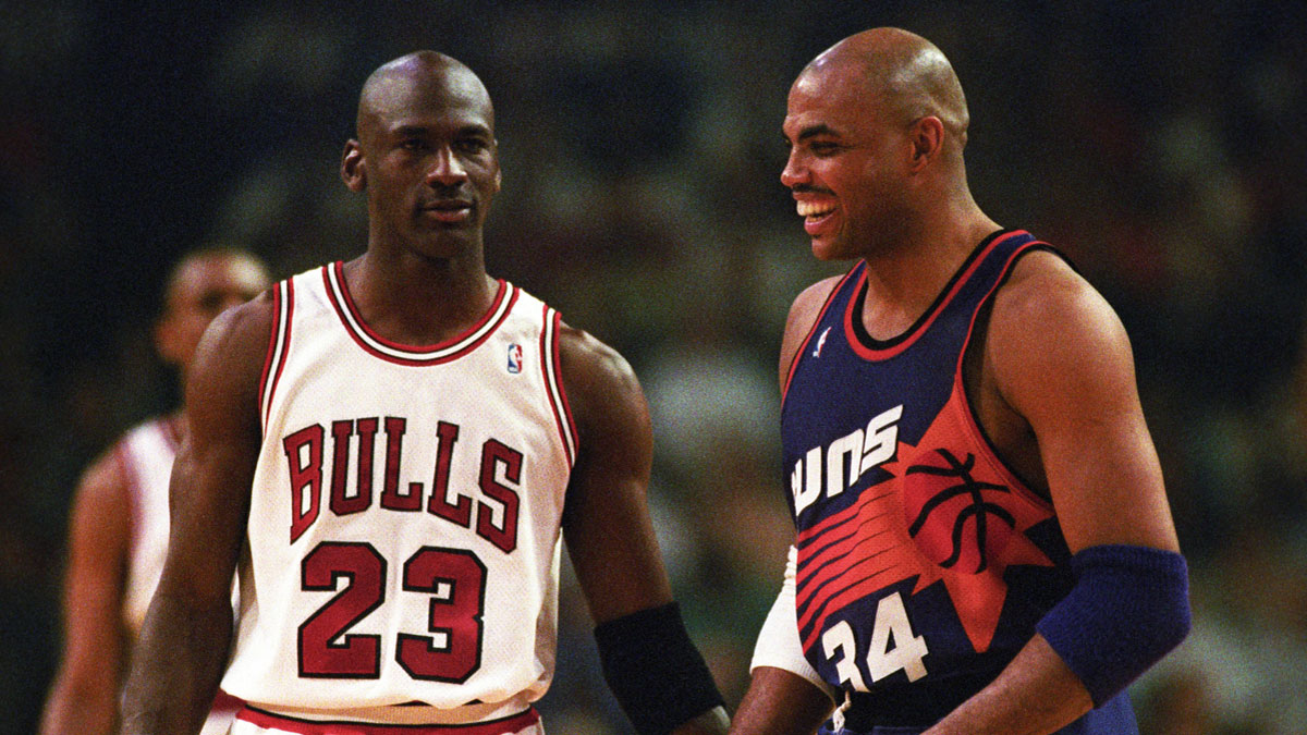 Bulls guard Michael Jordan and Suns forward Charles Barkley face off in the 1993 NBA Finals.