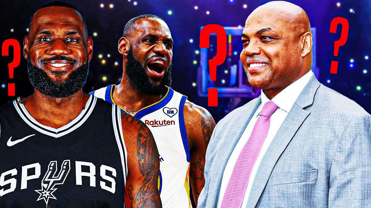Charles Barkley, looking at LeBron James in a Golden State Warriors jersey and a San Antonio Spurs, with question marks around both photos of James
