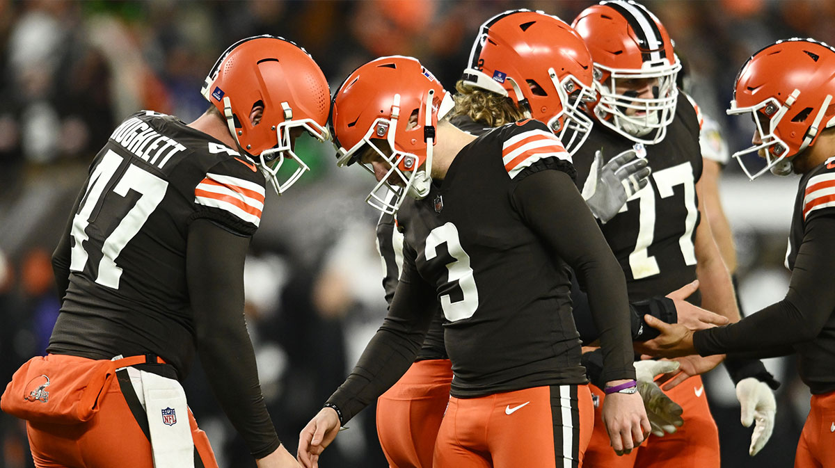 Dec 17, 2022; Cleveland, Ohio, USA; Cleveland Browns place kicker Cade York (3) celebrates with long snapper Charley Hughlett (47) after kicking a field goal during the first half against the Baltimore Ravens at FirstEnergy Stadium.