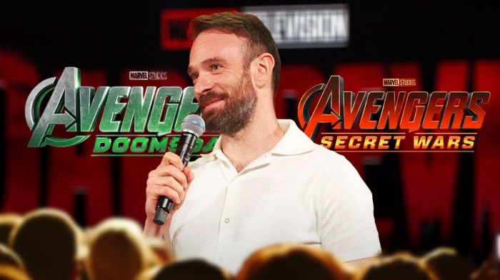 Charlie Cox, who plays Matt Murdock/Daredevil for Marvel, with logos of Avengers Doomsday and Secret Wars.