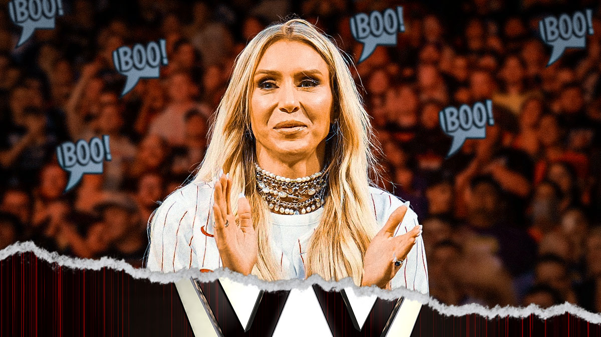 Charlotte Flair in front of a WWE crowd with "Boo!" next bubble coming from the crowd.
