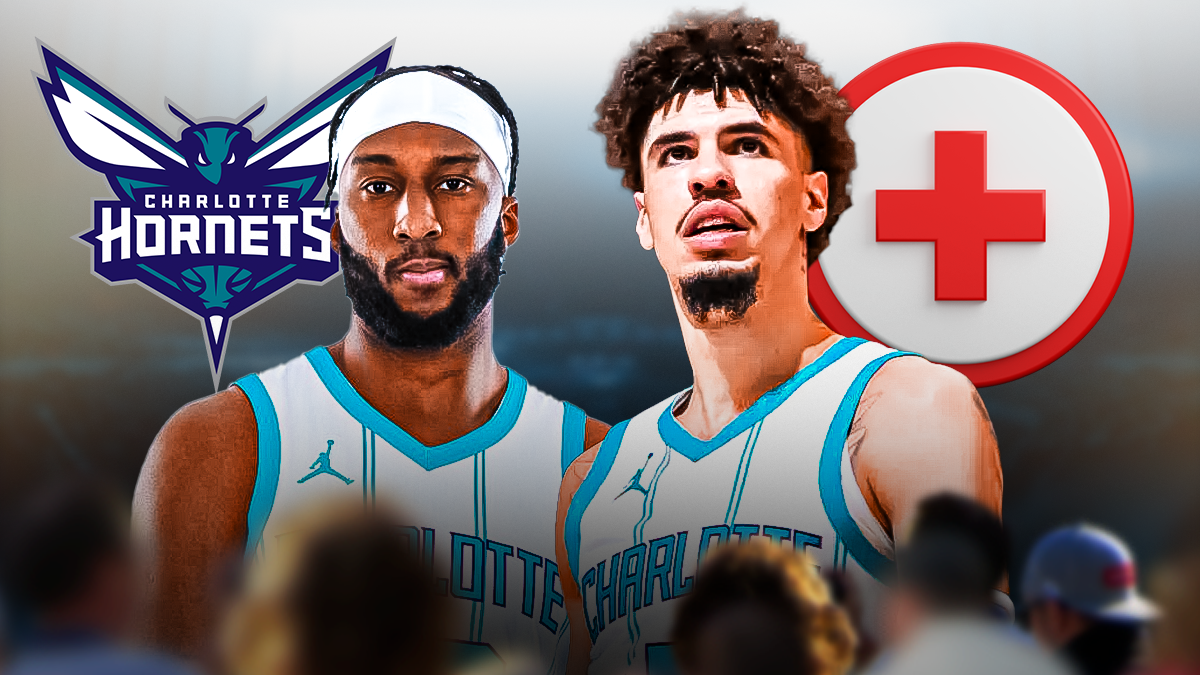 Josh Okogie and LaMelo Ball in the center, with the Hornets logo and red plus sign behind them.