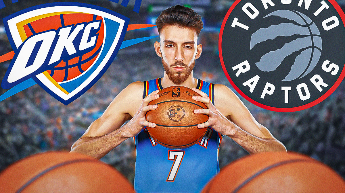 Thunder forward Chet Holmgren next to the Thunder and Raptors logo