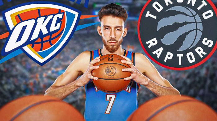 Thunder forward Chet Holmgren next to the Thunder and Raptors logo